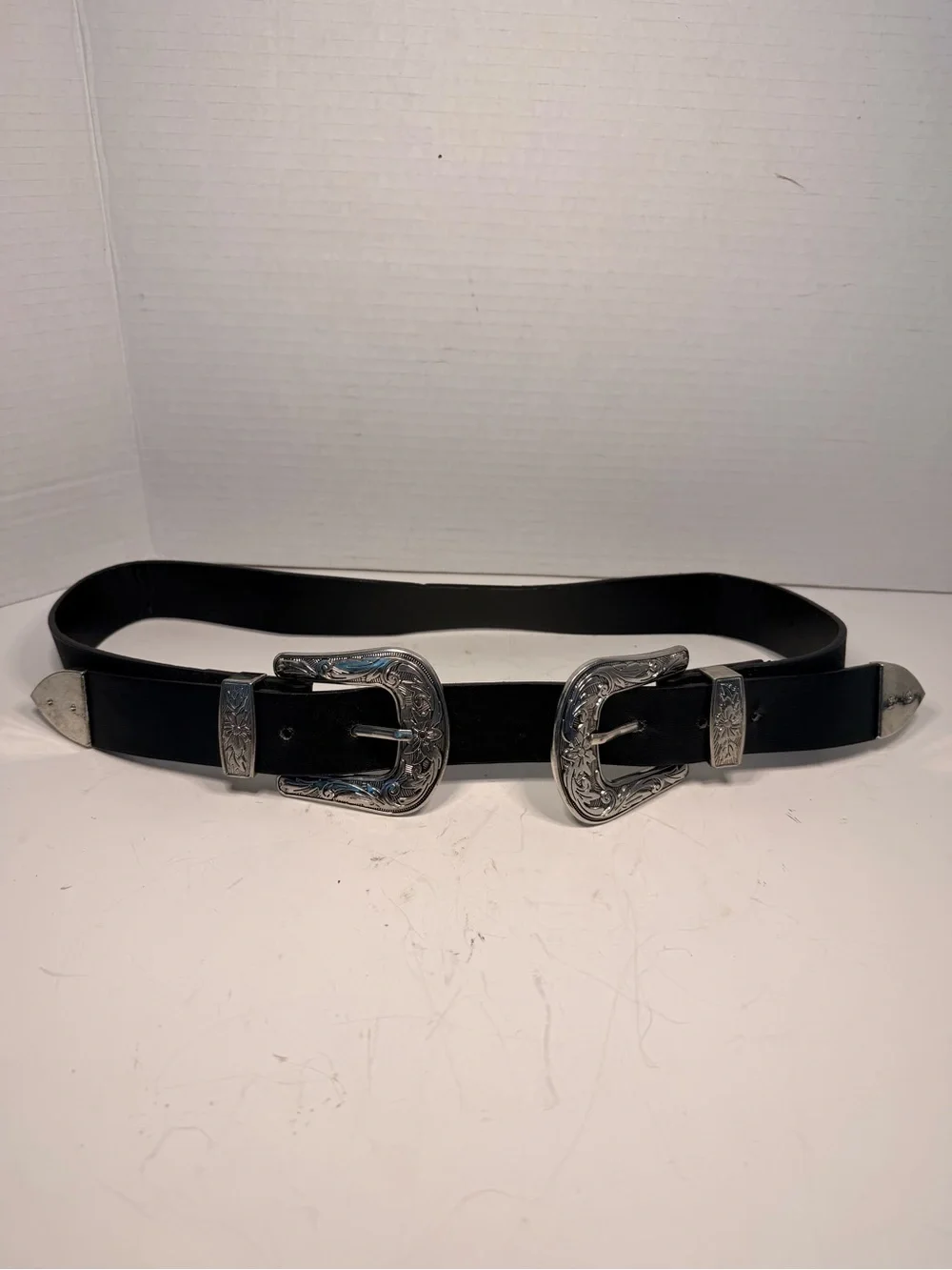 My Accessories London Western Style Black Faux Leather Double Buckle Belt